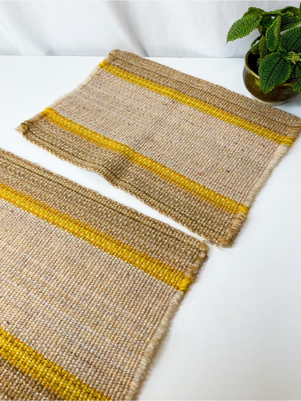 Vintage Handwoven Wool Placemats with Yellow Stripe - set of two - Picture 2 of 6